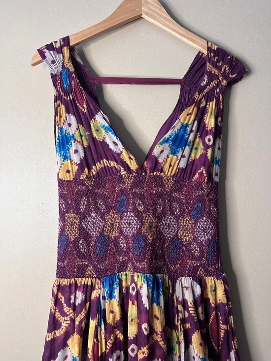 Free People Wisteria and Lattice Smocked Waist Bandhani Print Midi Dress, Boho - Picture 2 of 10